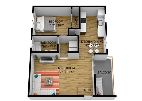 Floor plan for 1 bed, 1 bath, 700 sqft
